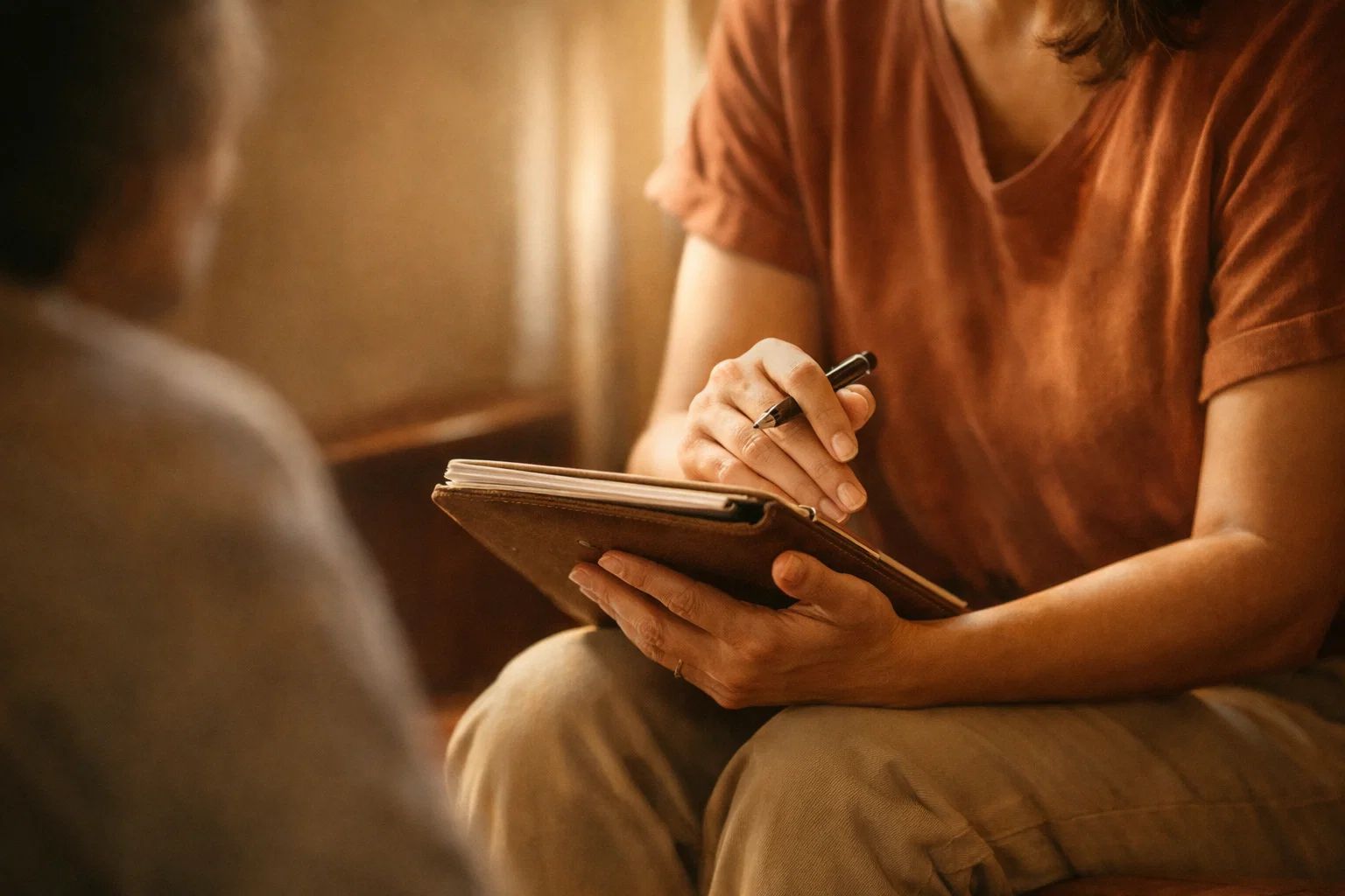 Abstract landschap met zachte warme tinten symboliseert de harmonie tussen technologie en menselijke zorg